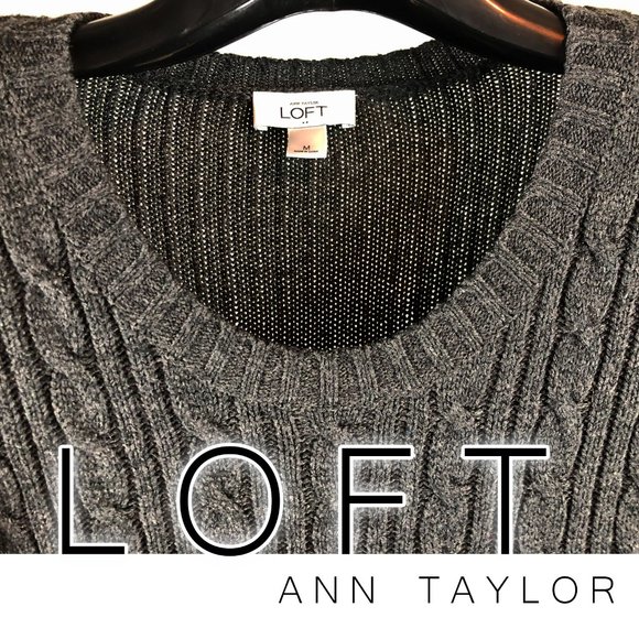 Ann Taylor LOFT Sweater charcoal gray three-quarter sleeve cable knit patterning - Picture 2 of 3